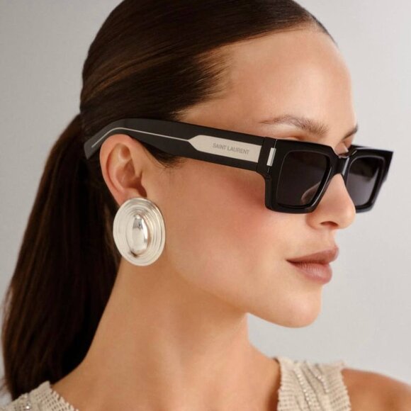 Saint Laurent SL572 001 Sunglasses Black with Silver Square Frame, Grey Lenses - Picture 13 of 15